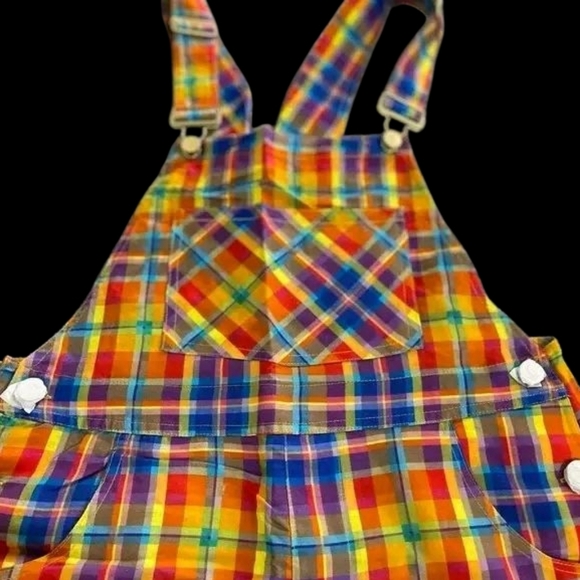 We Wore What Women's XL  Rainbow Overalls Short Romper Colorful Plaid Bold New - Picture 7 of 10